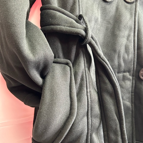 BIG CHILL | Black Double-Breasted Belted Fleece Trenchcoat (Size: M) - Picture 8 of 16